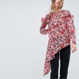 ASOS PINK VINTAGE FLORAL EXTREME ASYMMETRICAL LONG SLEEVED TOP BLOUSE SIZE 18